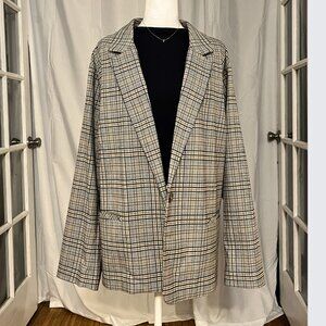 J. Jill Plaid One Button Blazer XXL Relaxed Fit Tan Brown - Free Shipping